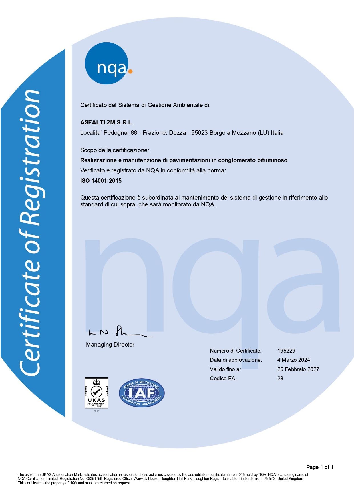 Certificato iso 14001