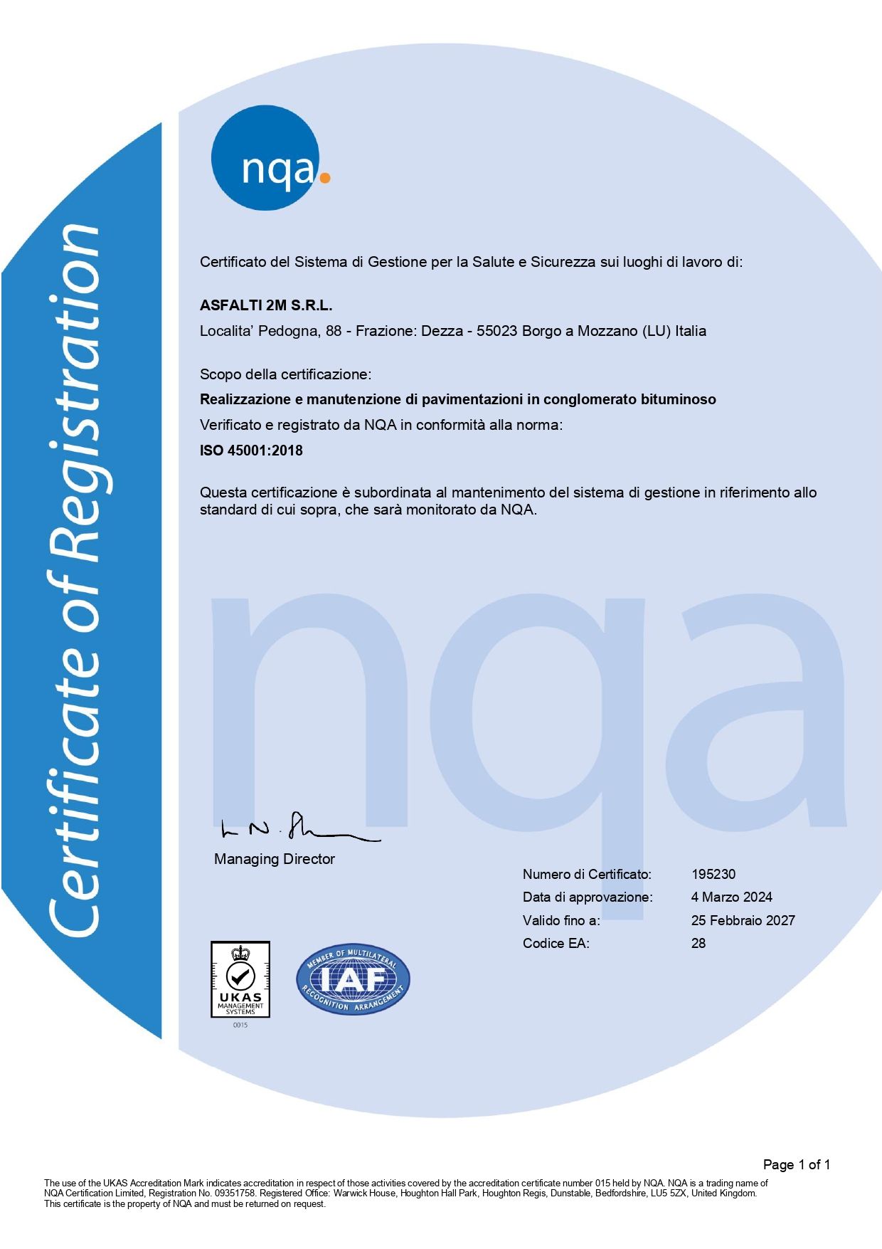 Certificato iso 45001